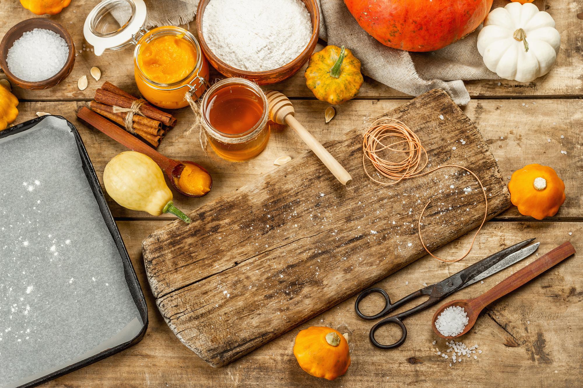 Workshop table with fresh regional produce and tools